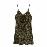 Women Sexy V Neck Leopard Print Sling Mini Dress Female Chic Drawstring Design Inner Style Party Suspender Vestido