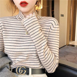 Fongt Half High Collar Striped Long Sleeve T-Shirt Bottom Shirt Women's New Autumn Ins Slim Wood Ear Inside The Top-Outfit