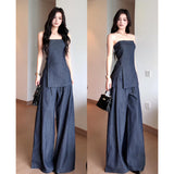 Fongt Summer New Korean Wearing A Forked Corset Loose Broad Leg Pants Denim Set