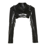 Fongt 2025 Fashion Trend Women's New Long-Sleeved Collar Open Umbilled Slimming PU Leather Top