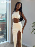 Clubwear Sexy Slim Dress Set Women Holiday Basic Solid 2 Piece Sets Sleeveless Crop Tops High Waist Split Maxi