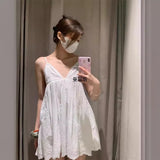 Fongt Women's Summer New Holiday Style Loose Back Vertical Lace Short Dress