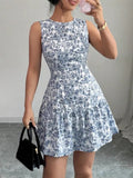 Fongt French Elegant Floral Print Sleeveless Bundle With Mini Dress