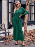 Fongt New 2024 Women's V-Neck Solid Color Kink Waist Long-Sleeved Dress-Outfit