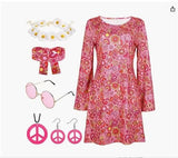 Fongt Halloween 70S Hippie Disco Festive Dress Turban + Print Dress Two-Piece