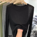Fongt Round Neck Long-Sleeved T-Shirt Sunscreen Women's Spring 2024 New Korean Version Slim Solid Bottom Top Women-Outfit