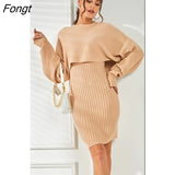 2021 Autumn Winter Women Knit Tracksuit Solid 2 Piece Sets Pullover Sweater And Knitted Dress Winter Warm
