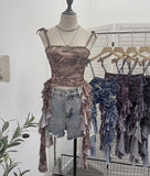Real Shooting 2024 New Niche Babes Print Sling Vest Hem With Lotus Leaf Edge Sleeveless Top