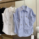 Fongt High-Stock Design Feeling Heavy Industry Nail Embroidery Shirt Loose Apparent Thin Age Shirt Shirt Women Short Sleeves