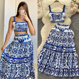 Fongt And White Porcelain Printing Set Of Women In Summer Pure Desire To Bare Belt Slings Small Vest + High Waist Mid-Dress Skirt