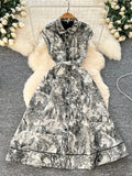 Fongt New Women's High-End Elegant Dress Women's Collar Sleeveless Single Buckle Ink Painting