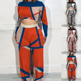 New Plus-Size Women's Wear Two Long-Sleeved Wide-Leg Trousers Printed Suit-Outfit