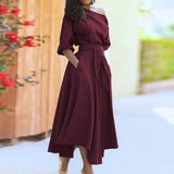Fongt Women's Slanted Shoulder Tie Strap Belt Belt Solid Color Swing Spring Dress
