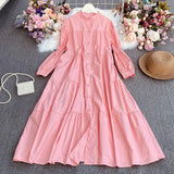 Temperament Aging Solid Color Simple Dress Autumn Dress Korean Version Fashion Bubble Long Sleeves Show Thin Button Long Skirt Women-Outfit