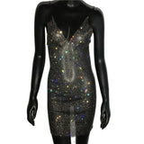 Women Bodycon See Through Mini Dress Glitter Rhinestone Fishnet Grid Spaghetti Strap Low Cut Sleeveless Backless