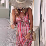Fongt Women's New Summer Bohemian Print V-Neck Sling Open Dress 8018