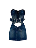 Women's Summer Denim Two Piece Set Suit Zipper Short Sleeve Strapless Crop Top Mini Skirt Shorts Y2k Vintage Streetwear