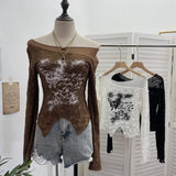 Fongt Breeze Butterfly Graffiti Mesh Patchy Texture Long-Sleeved T-Shirt Picties Short Repair Bodysuit 2753