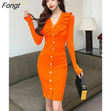Han Queen Simple Pencil Dress Women Autumn Bottoming Bodycon Dresses Fashion Buttons V-Neck Elastic Knitted Pencil