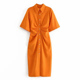 2022 Short Sleeve Summer New Women Fold Mini Dress Retro Slim Elastic Button Pleated Shirt Lapel