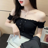 Slash Neck Cropped T-shirt Female Short Sleeve Sexy Knitted Laced Up Stretchable TShirts Crop Tops For Woman Summer-Outfit