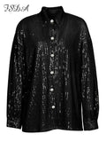Sequins Green Long Sleeve Blouse Shirts Women V Neck Oversized 2022 Autumn Winter Black Y2K Party Top Shirt Sexy