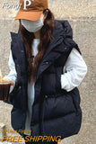 Sleeveless Women's Vest Zipper Hooded Padded Puff Jacket Overcoat Solid Color Loose Drawstring Waistcoat Cotton Vest