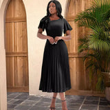 Fongt Multi-Color Lotus Leaf Sleeve Pressure Skirt Dress 100 Folds Short Sleeve Dress Elegant Dress