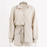 Casual Sporty Two Pieces Sets Women Solid Long Sleeve Blouse And Drawstring Biker Shorts Outfits High Street