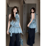Fongt Price Summer Two Sets Of Women 2025 Summer Lotus Leaf Side Leakage Shoulder Straight Leisure Trousers Set Summer