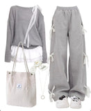 OOTD: Lace Tie Knitted Tee + Bow Tie Sweatpants + Corduroy Tote Bag-Outfit