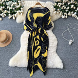 Fongt High-End Dress Women Design Feel Strapped Waist Bat Sleeve Pressure Fold Printing Irregular Dress Dress