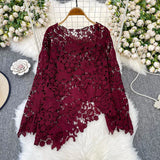 Fongt Cut-Cut Pattern Round-Neck Long-Sleeved Lace Women's Shirt 2025 Summer High-End Elegant Outerwear