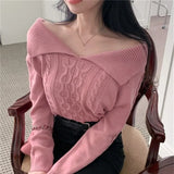 New 2022 Chic Korean Fashion Off Shoulder Sweater Knitted Women Autumn Winter Elegant Lady Short Pink Tops