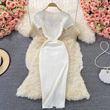 Fongt Thin Collar Knitted Dress Short Sleeve 2025 Summer New Temperament Sexy Hot Ass Long Skirt