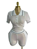 Fongt Hollow Knitted Two-Piece Collar Short-Sleeved Umbilled Blouse + High-Waisted Shorts Sports Leisure Set Spring New