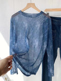 Fongt Shot Giant Beautiful Denim Blue Mesh Undershirt Women's Cuff Button Slit Thin Long-Sleeved T-Shirt Top Ins-Outfit