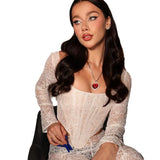Fongt Women's Sexy Perspective Lace Tie With Long Sleeves Deep V Fish Bone T-Shirt Female Z0765