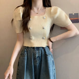 Fongt New French Gentle Style Design Double Buckle Bubble Sleeve T-Shirt Knitted Short