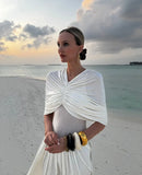 Fongt Spring And Summer New Hot Shawl Folding V-Neck Design High-Waisted Long Dress LX0146