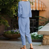 Women Long Sleeve Sets 2PC Autumn Suits Solid Casual Long Cotton Pants O Neck Blouse Loose Harem Trousers Oversize