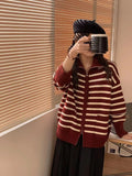 Fongt Lapel Stripe Double Zipper Knit Cardigan Women's 2024 New Loose And Versatile Thin Sweater Coat-Outfit