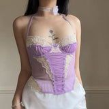 Spring And Summer New Products Perspective Sexy Gentle Net Lace Splicing Color Bow Tie Halter Vest Girl-Outfit
