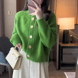 New Spring And Autumn Style Pure Color Sweet Wind Knitted Cardigan Women's Coat Round Collar With Large Buttons And High-Grade Sensitive Woolen Clothes-Outfit