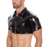 Fongt Men's PVC Bright Leather Jacket Sexy Slim Short Sleeve Half Leather Shirt Size Accurate-Outfit
