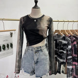 Real Shooting Front Double-Layer Tie-Dye Printing Mesh Long-Sleeved Top Short High-Waisted T-Shirt T-Shirt