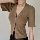 Design Temperament V-Neck Short-Sleeved Knitted Top Woman 2025 Summer Repair Body Slim Short Open