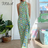 Print 2021 Summer Backless Dress Women Green Beach Sleeveless Sexy Off Shoulder Vintage Split Halter Neck Maxi