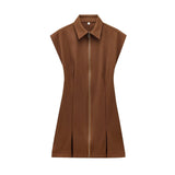 Fongt Zipper Wide-Fold Short Dress 2025 Summer Temperament Casual Sleeveless A-Word Miniskirt