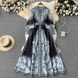 Fongt And Autumn Dress Retro Court Style Lapl Lantern Sleeve Print Dress Women's Single Buckle Large A-Word Over Knee Dress